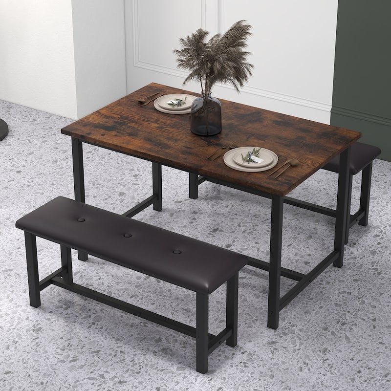 Rectangular Dining Table Set for 4 People with 2 Upholstered Benches - Brown