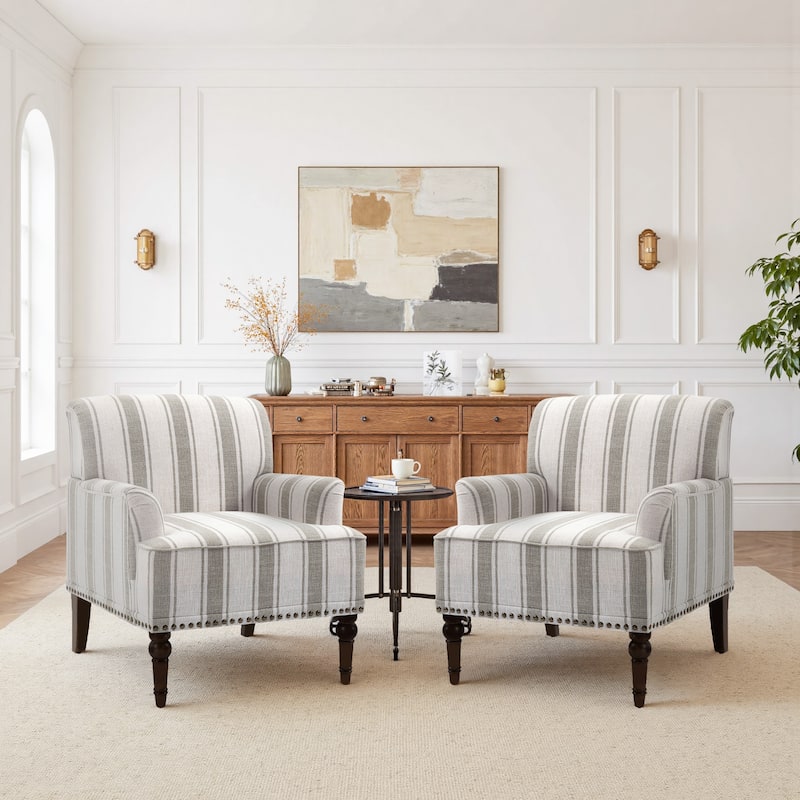Set of 2 Stripe Linen Accent Arm Chairs with Nailhead Trim and Wood Legs - BROWN