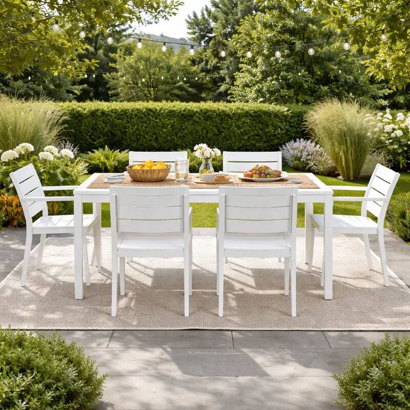 Cora 7 Piece Outdoor Dining Table, Chairs Set, White, Plank Seat and Backs