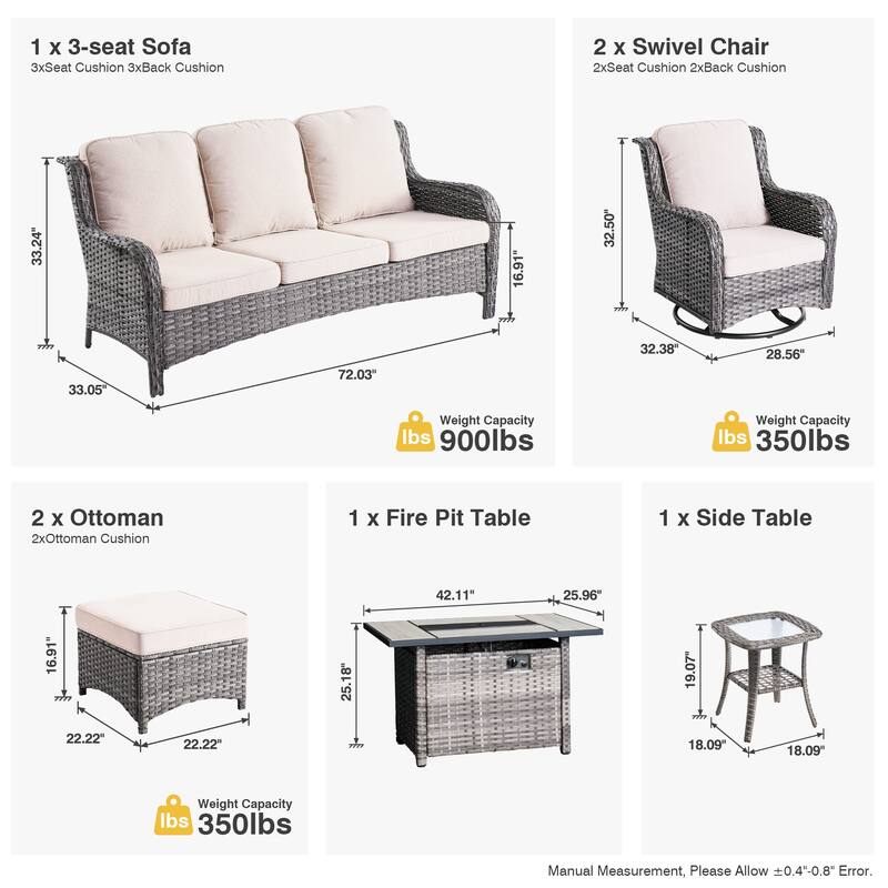 OVIOS 7-piece Patio Swivel Chair Set with 42" Fire Table