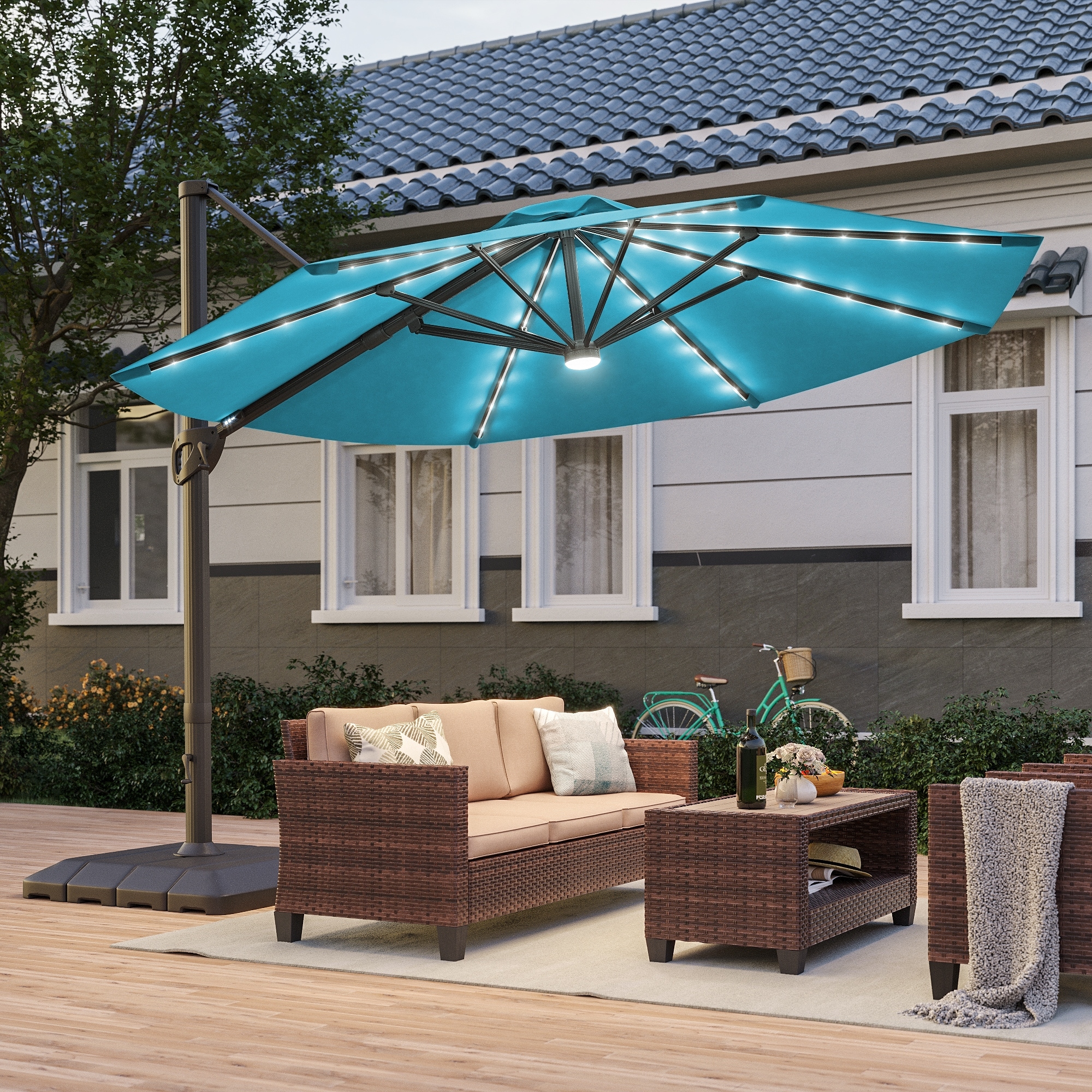 11 ft teal patio umbrella ABCCANOPY 11FT 3-Tier Solar Umbrella, 32 LED Lights, Turquoise Tilt feature enables you to have just the right angle for your ideal amount of shade thanks to its straightforward and durable crank handle Treasure Garden 11 Foot Octagon
