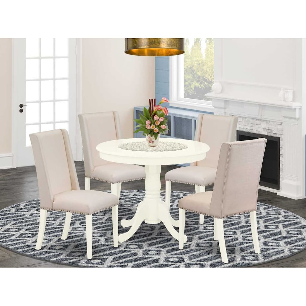 HomeStock 5-Piece Round Linen White Finish Solid Wood Top Dining Table with 4 Parson Chair with Lattice Back