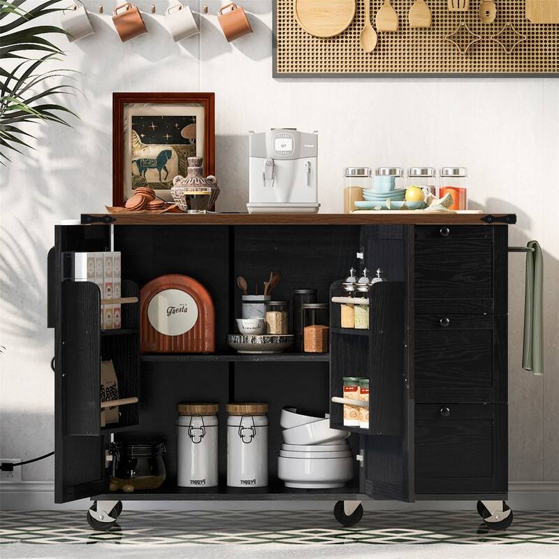 Farmhouse Kitchen Island with Power Outlet, Rolling Kitchen Cart on Wheels with Internal Storage Rack, Drop Leaf, Spice Rack