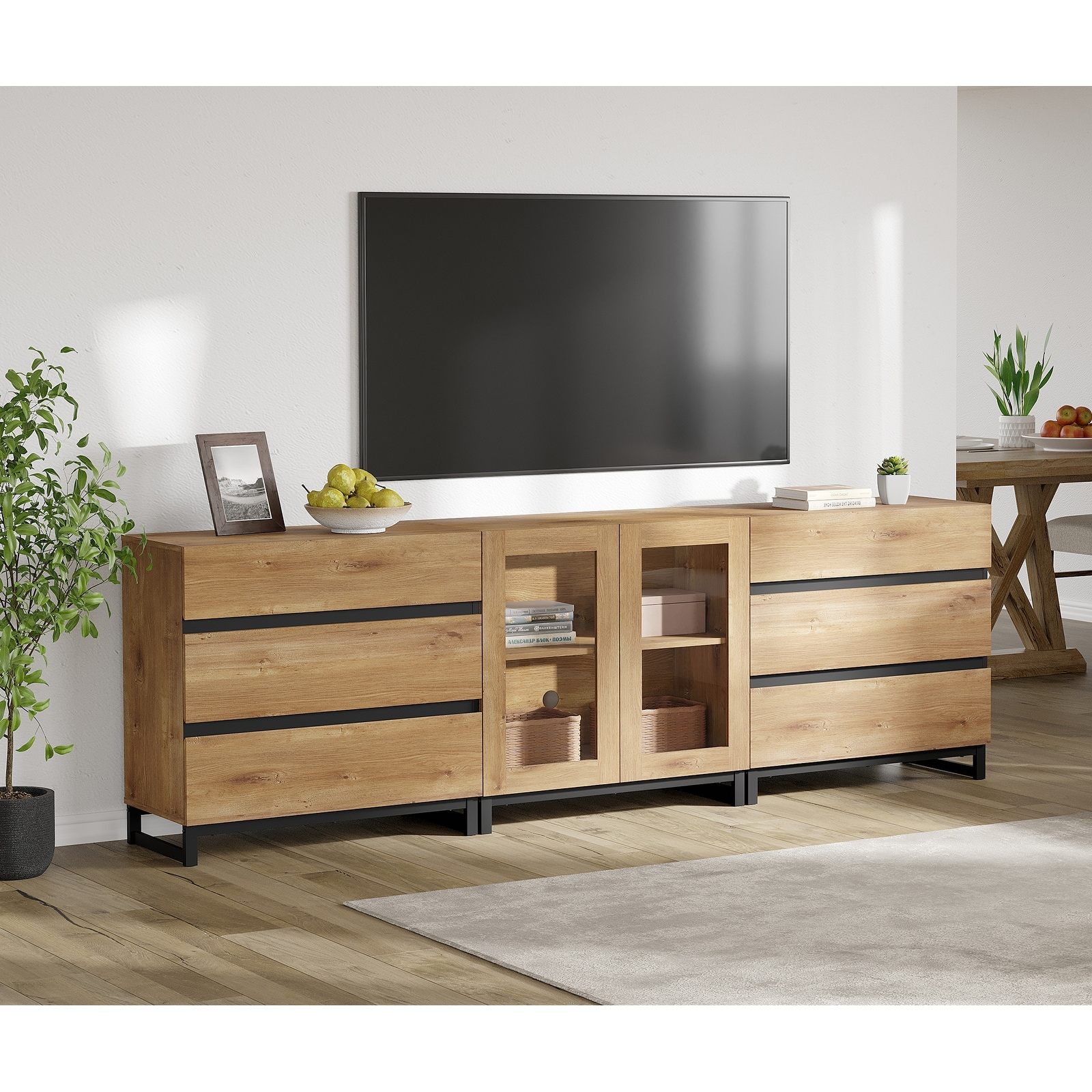3 In 1 TV Stand for Tvs Up to 100 Inch, Modern TV Console with Glass Doors and 6 Drawers, Entertainment Center for Living Room