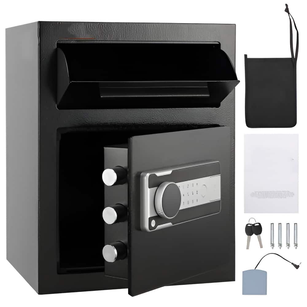 Black Steel 1.7 Cub Depository Safe with Drop Slot, Alarm and Dual Password Access