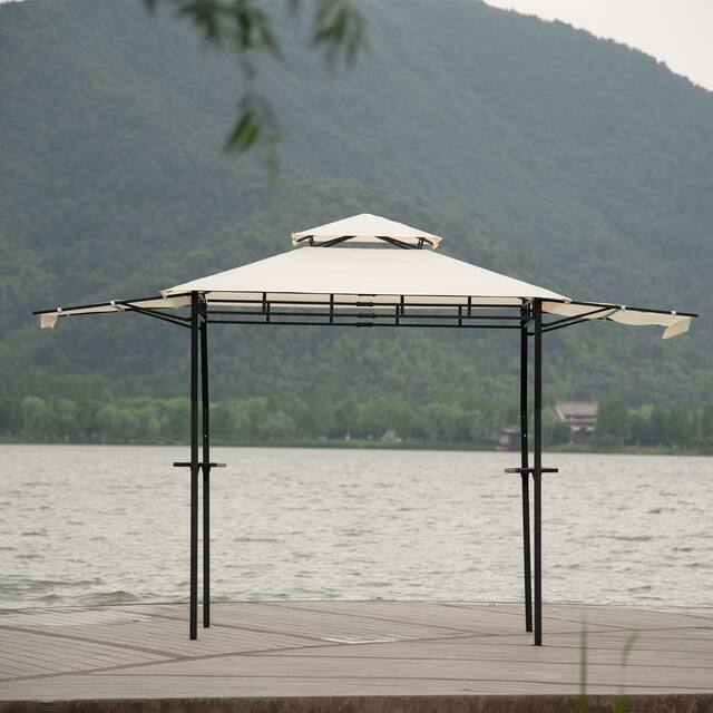 12Ft Lx4.3Ft W Steel Double Tiered Backyard Patio BBQ Grill Gazebo with Bar Counters, Beige