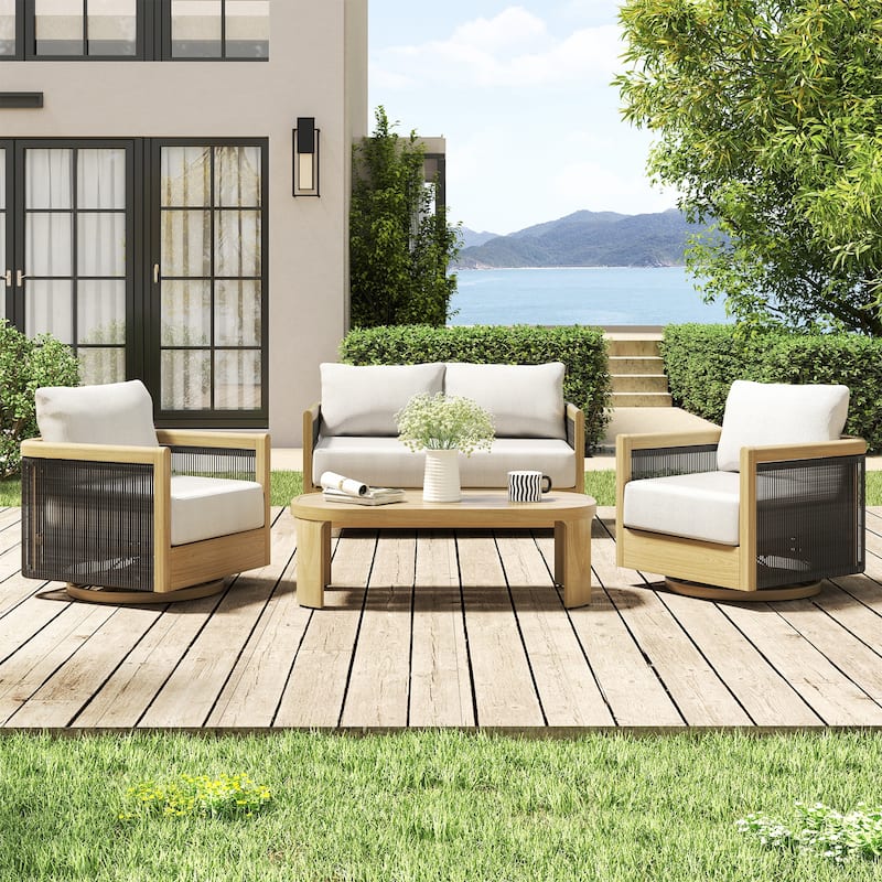 Overture 4-Piece Natural Wood Grain Aluminum Hand-Woven Rope Patio Conversation Set with Swivel Chairs, Cushions, Coffee Table