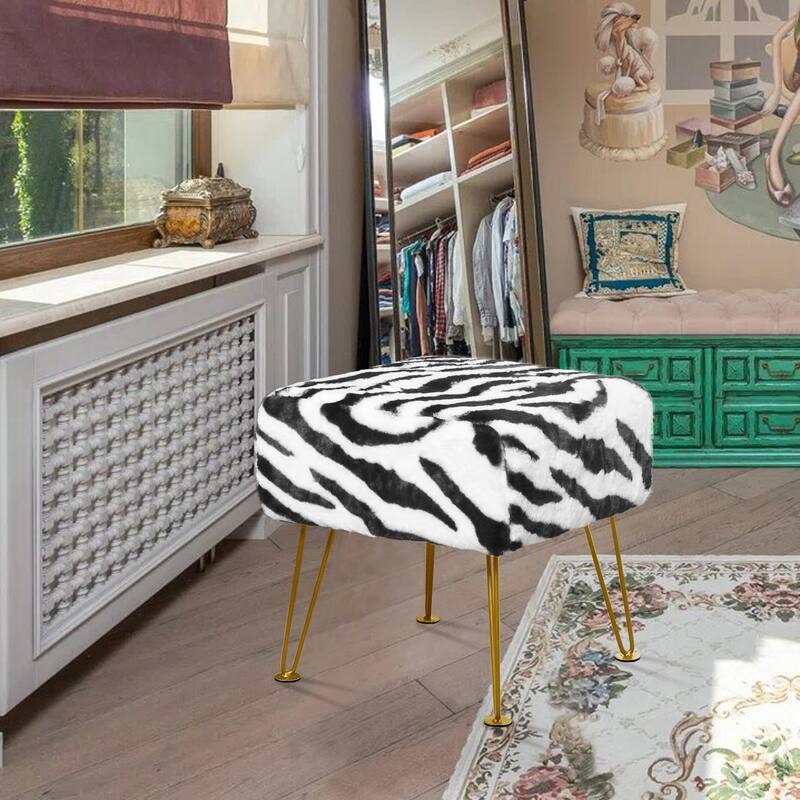 Home Soft Things Zebra Fauxfur Ottoman with Gold Metal Legs.