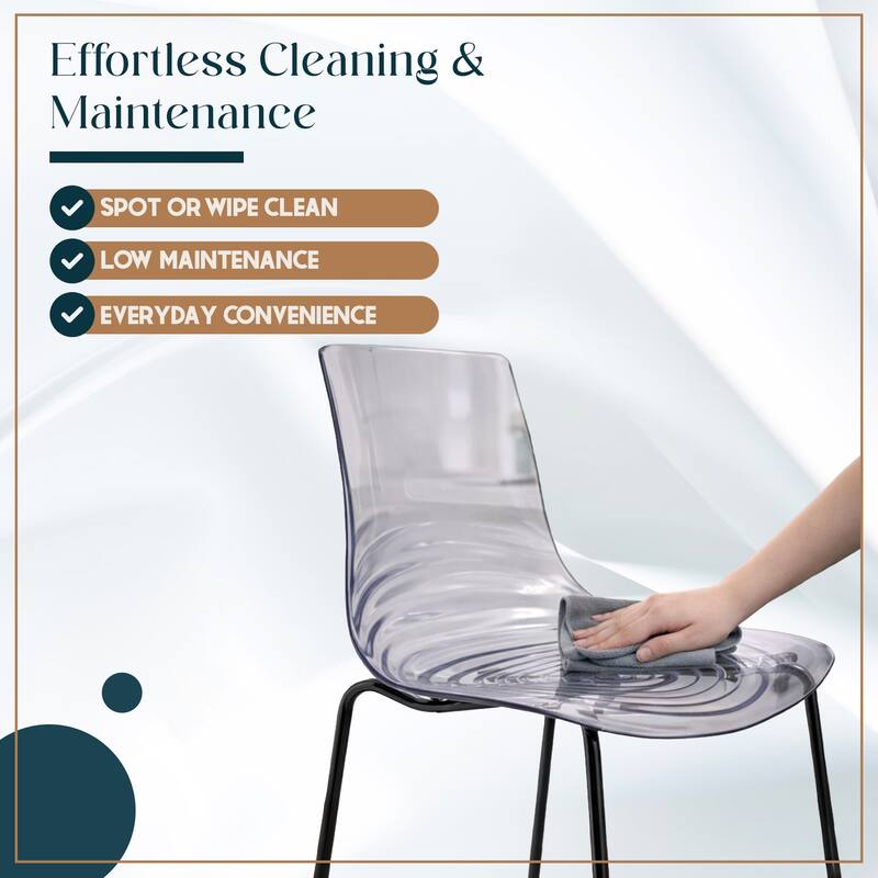 Astor Modern Minimalist Transparent Dining Chair with Black Metal Legs and Ripple Design Accent Side Chair for Indoor & Outdoor