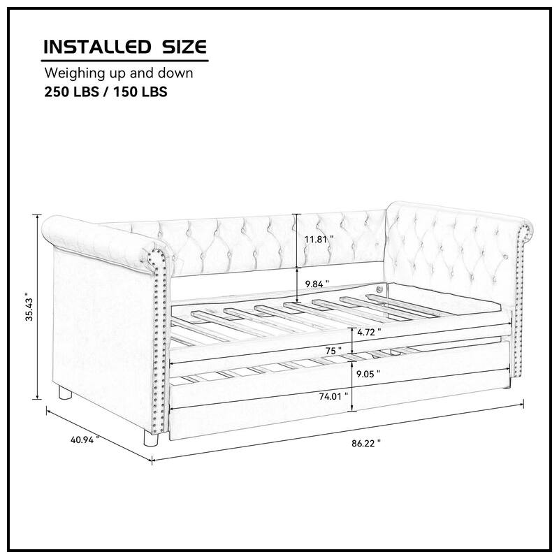 Twin Size Upholstered Velvet Daybed with Trundle and Armset