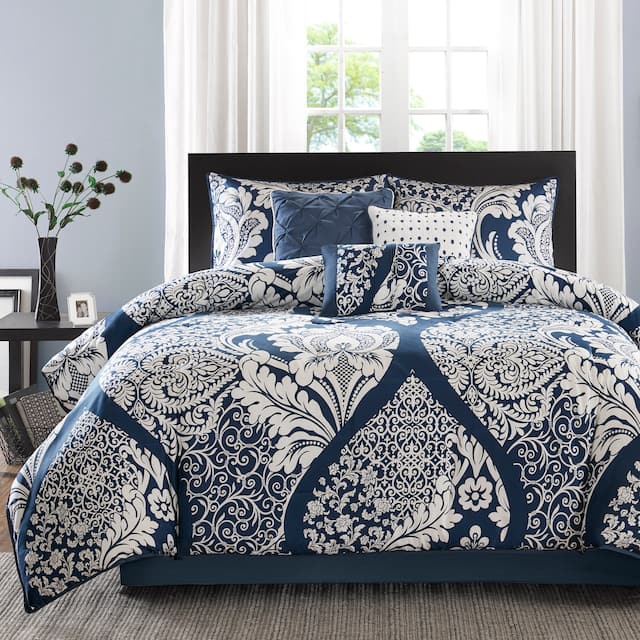 Madison Park Marcella 7 Piece Cotton Printed Comforter Set - Indigo - California King