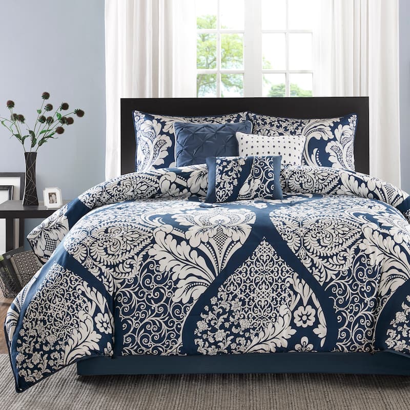 Madison Park Marcella 7 Piece Cotton Printed Comforter Set - Indigo - California King