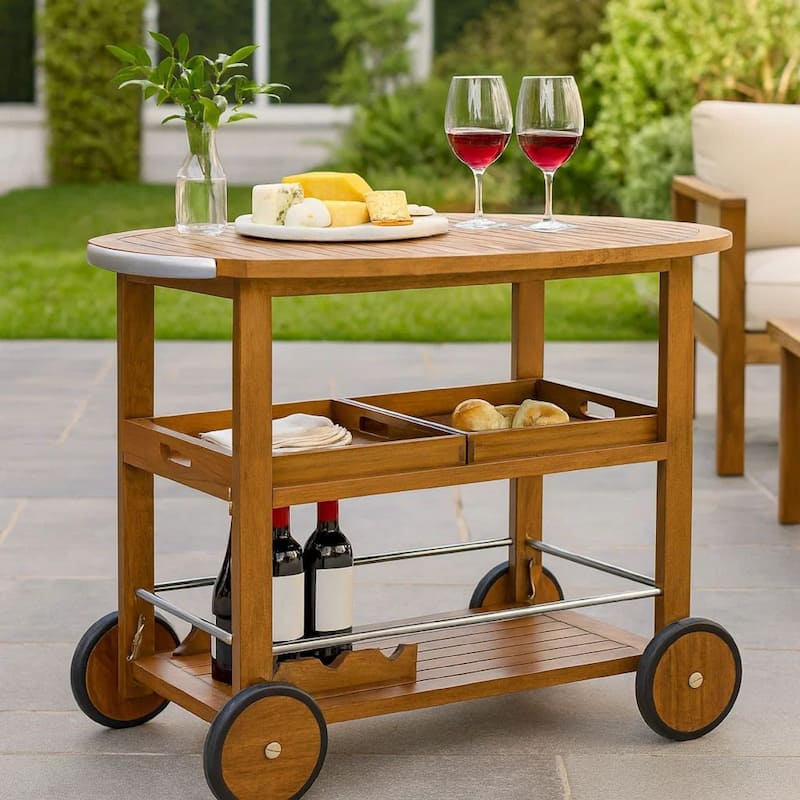 Rolling Bar Cart, 36 Inch Rectangular, 3 Tier, Oak Brown Wood, Silver