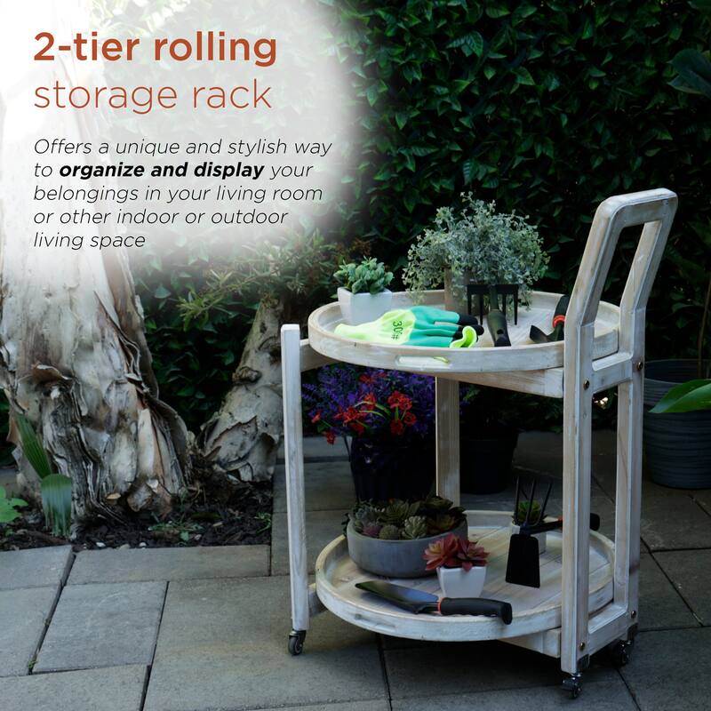 Alpine Corporation MBB172 Wood 2-Tier Rolling Storage Cart for Books, Plants, Decor, Rustic Storage Push Cart with 2 Shelves