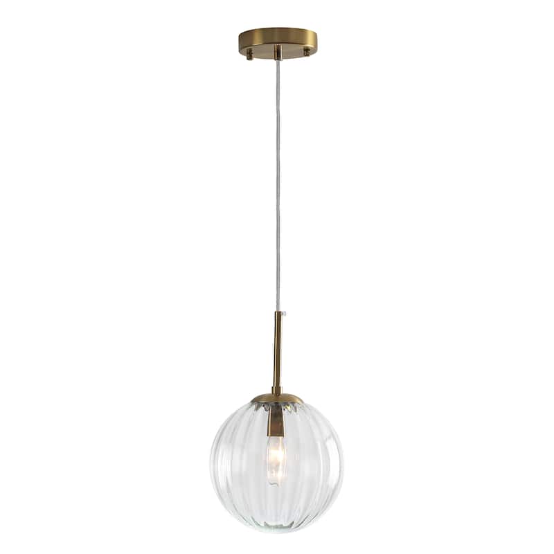 1-Light Brushed Gold Pendant Lighting with Clear Ribbed Glass Shade