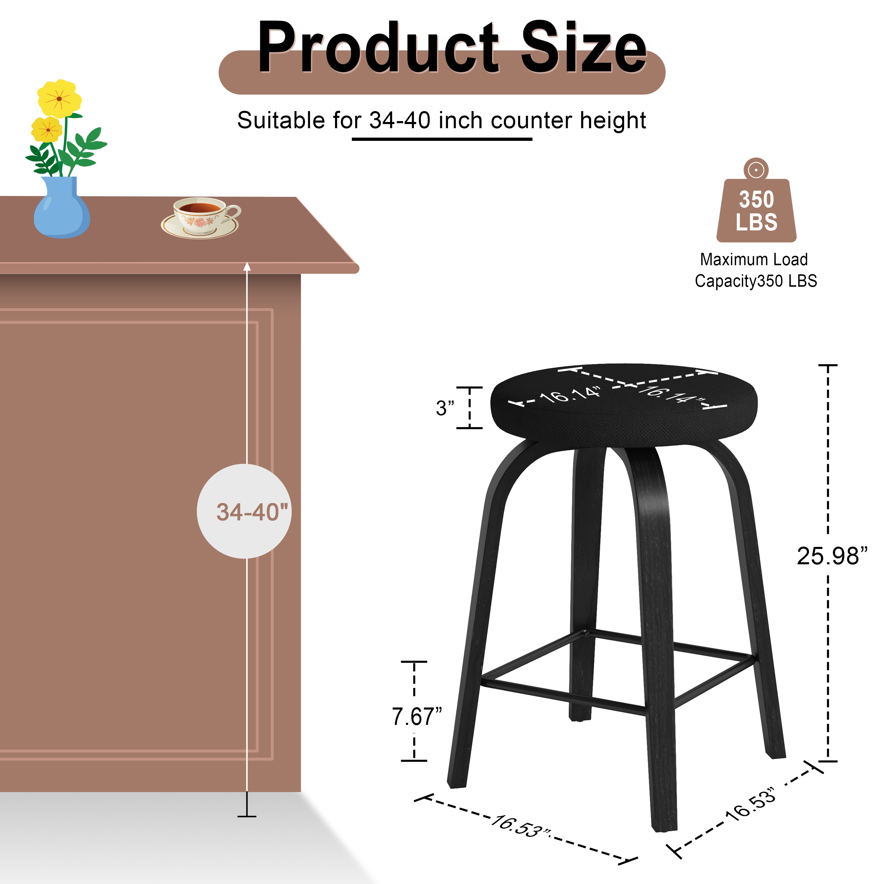 Swivel Bar Stools Set of 2, Counter Height Backless 26″Bar Stools, Fabric Upholstered Seat, Sturdy Wood Legs and Metal Footrest