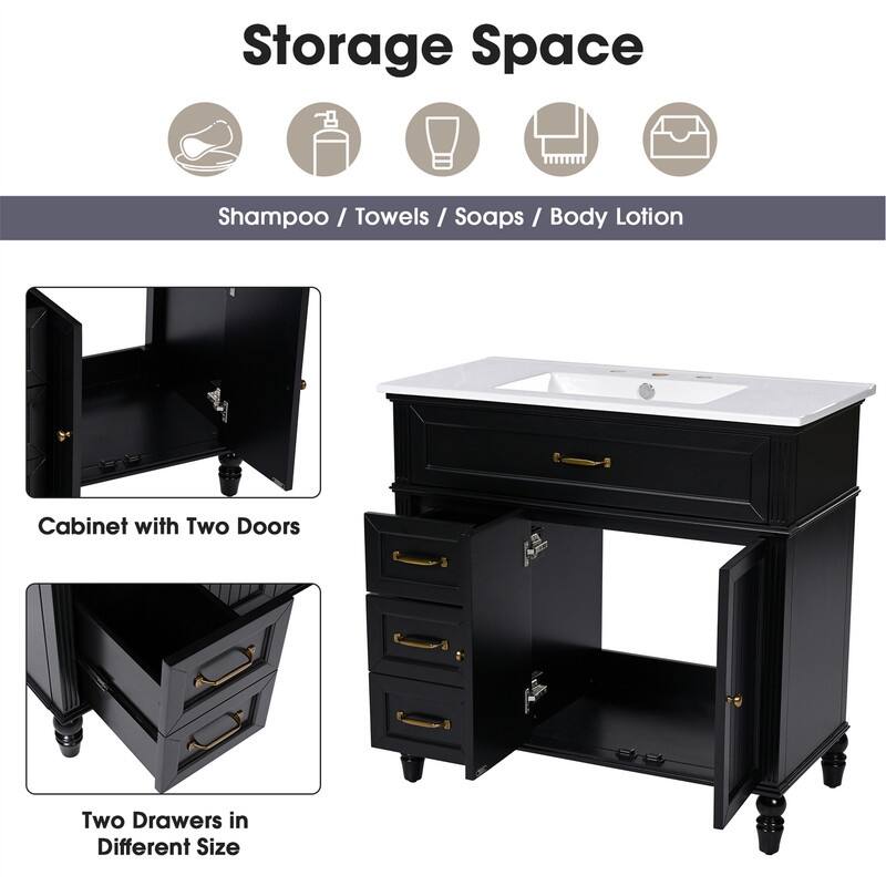 36" Bathroom Vanity with Ceramic Sink Combo, Freestanding Bathroom Storage Cabinet with 2 Storage Drawers and 2 Doors