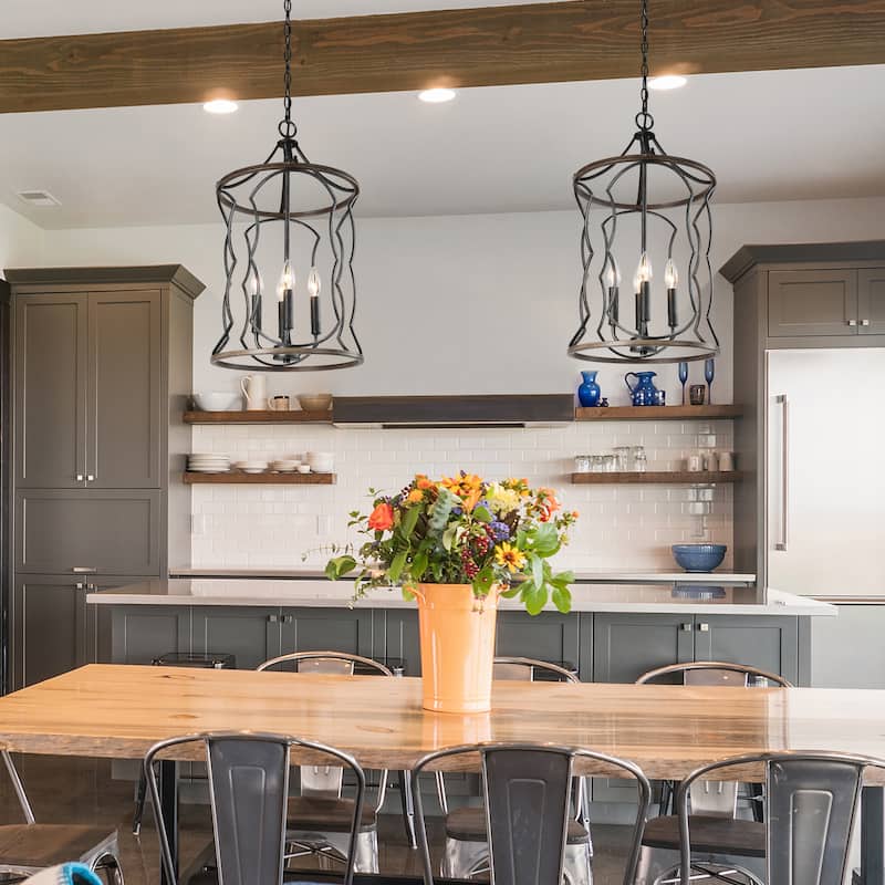 Modern Farmhouse 4-Light Cylinder Chandelier Wood Grain Kitchen Island Pendant Light