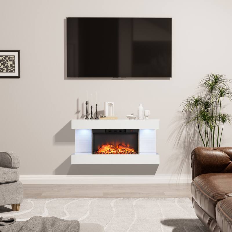 Wall Mounted LED 3-Side Electric Fireplace with Mantel - 32Inch