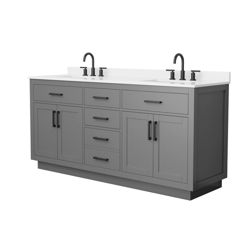 Beckett TK 72-inch Double Vanity, 3 Hole Quartz Top - Dark Gray, Black Trim, White Quartz Top