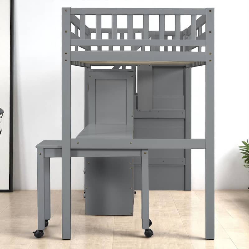 Twin/Full Size Loft Bed with Desk, Wardrobe, Drawers & Stairs, Wood Frame Study Bed with Storage for Kids/Teens