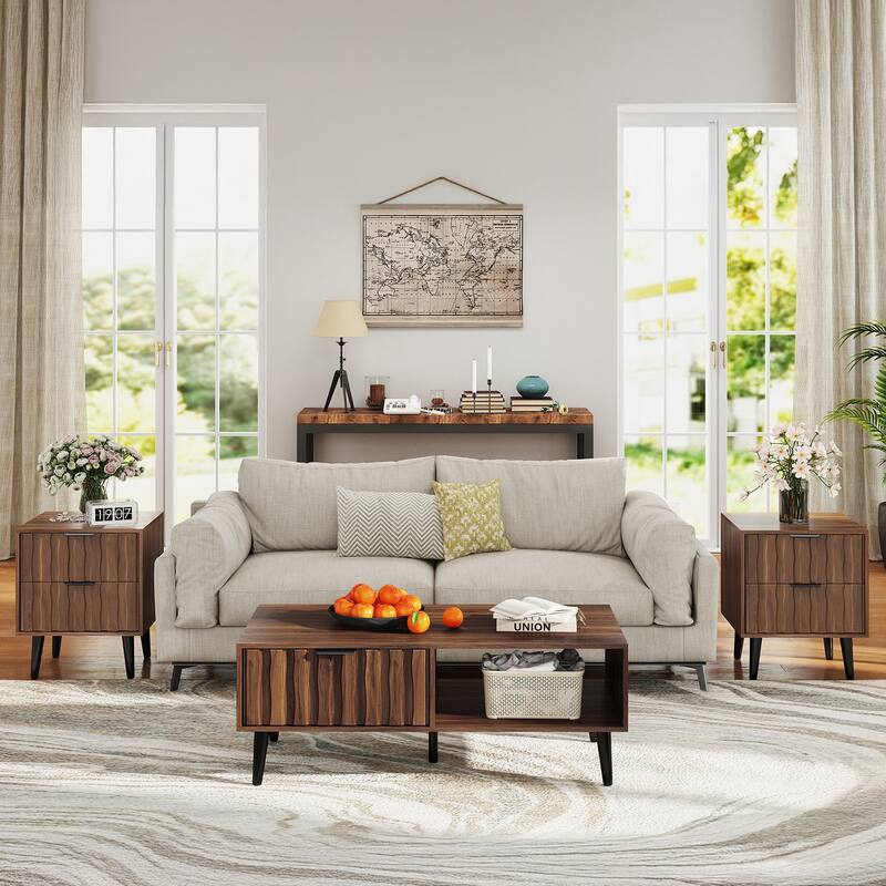 Mid-Century Modern Nightstand, Fluted End Table Drawer & Open Storage