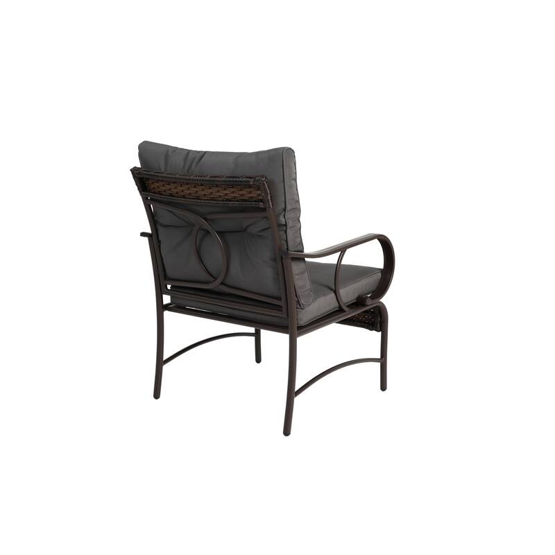 Outdoor Steel Frame Table Chairs Set, Modern Rattan Chairs Sets with Round Glass Coffee Table for Patio, Balcony, 3-Piece