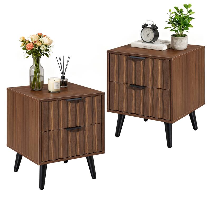 Mid-Century Modern Nightstand, Fluted End Table Drawer & Open Storage - Two-Drawer/ Set of 2