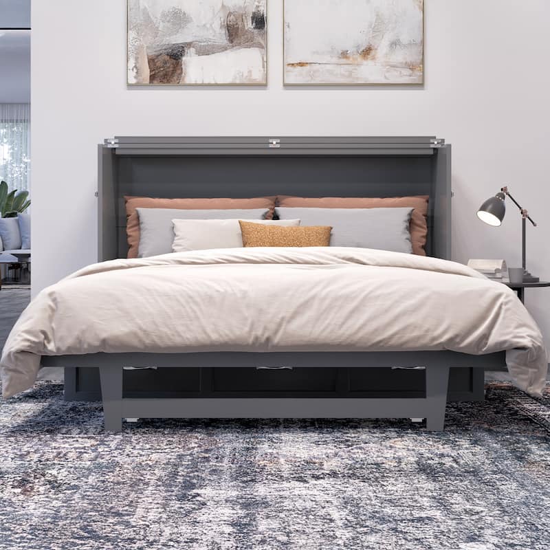 Northfield Queen Murphy Bed Chest with 6" Mattress, Storage Drawer & Built-In Charger in Grey