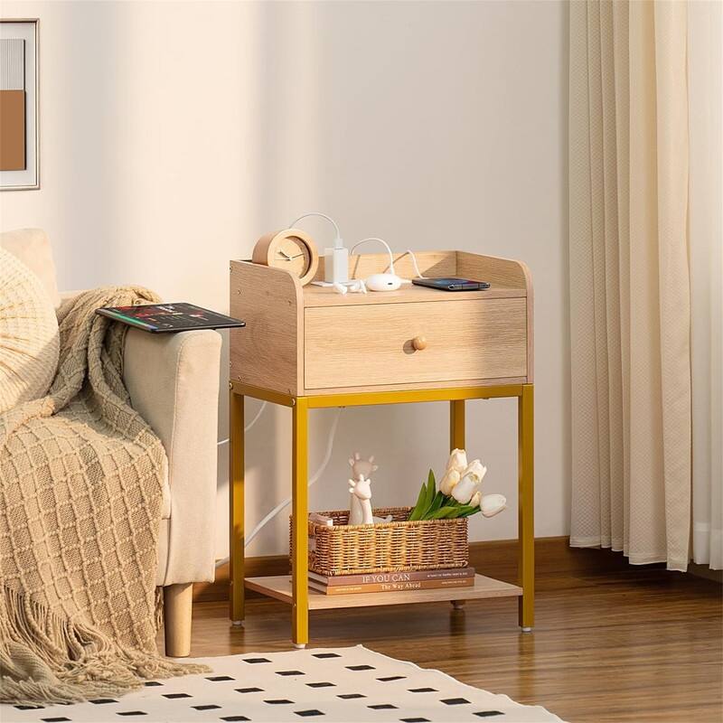 Nightstands Set of 2 with Charging Station and USB Ports - Natural - 1-drawer