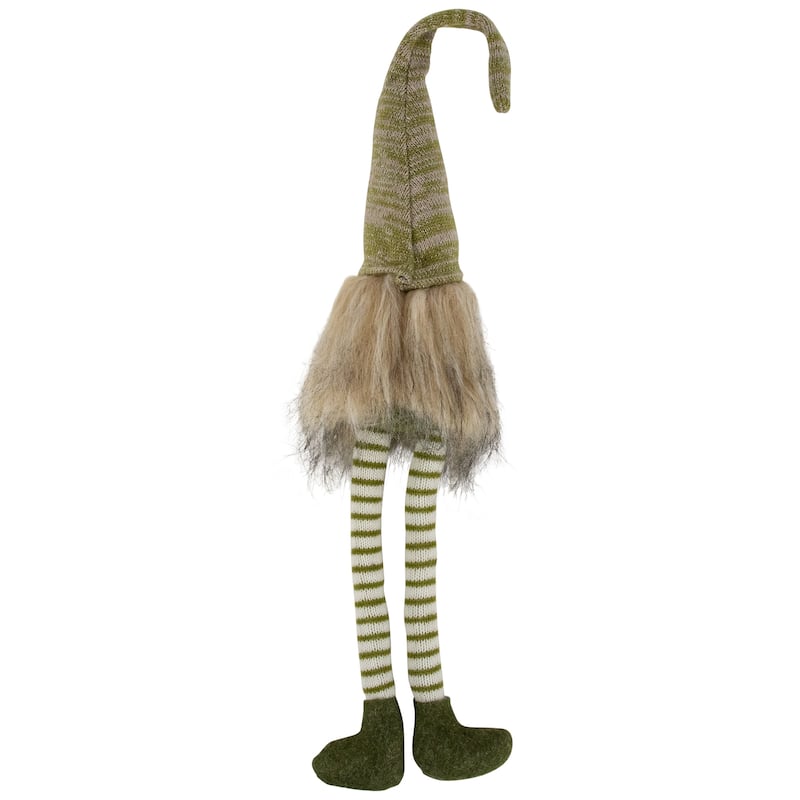 29" Green and Beige Sitting Gnome with Knitted Hat and Dangling Legs Christmas Figure