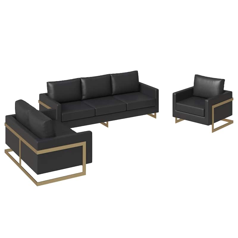 3-Piece Leather Sofa Set with Gold Stainless Steel Base and Removable Cushions