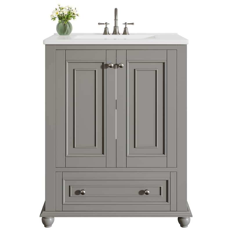 24 Inches Solid Wood Modern Bathroom Vanity with Ceramic Sink, Adjustable Shelf Storage