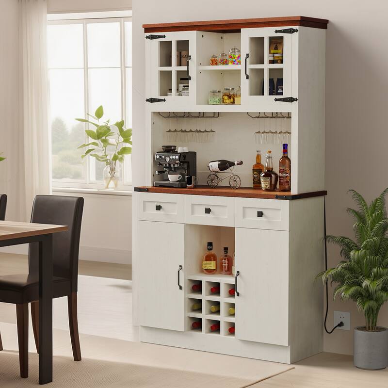 Moasis 72'' Kitchen Storage Cabinet Pantry Cupboard with Charging Station and 3 Drawers - White