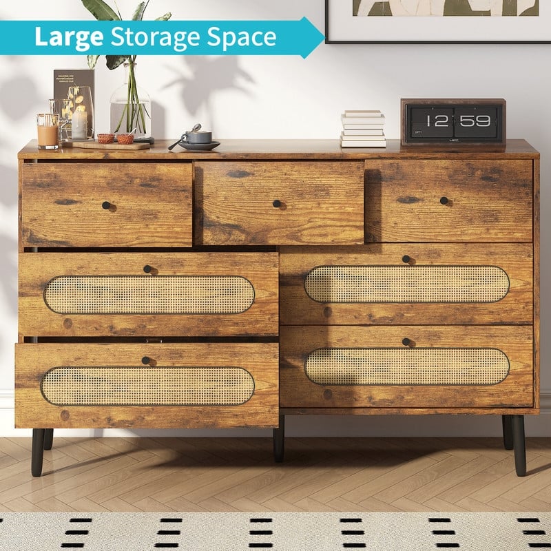 Mixoy Dresser with 7 Drawers,Chest Storage Organizer Units,Modern Wooden Dresser Chest with Rattan Decoration