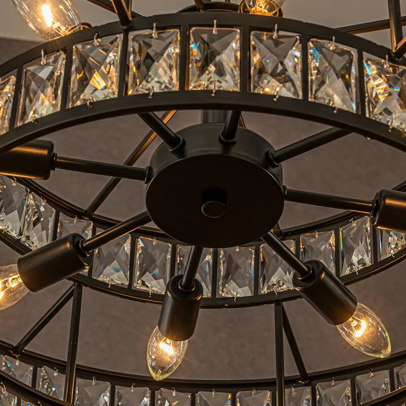 CraftHome Modern Crystal Chandelier Matte Black Finish Drum Pendant Light for Small Spaces Dining Room Entryway