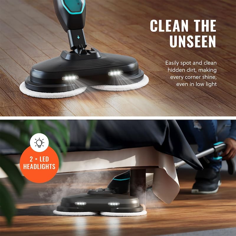 PurSteam ScrubMaster Steam Mop with Dual Scrubbing Head, LED Headlights, Adjustable Steam Control, Anti-Slip Swivel Head
