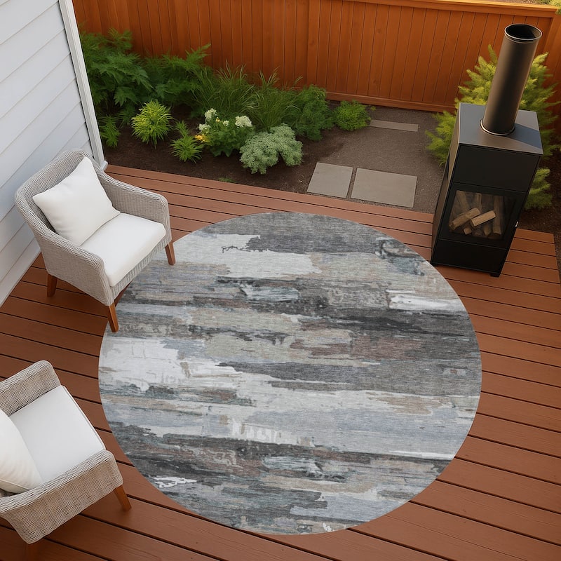 Machine Washable Indoor/ Outdoor Abstract Contemporary Chantille Rug - Taupe - 8' x 8'