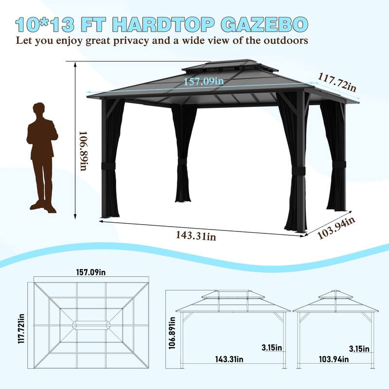 VEIKOUS 13' x 10' Outdoor Hardtop Gazebo with Aluminum Frame and Double Roof, Patio Gazebo with Premium Nettings