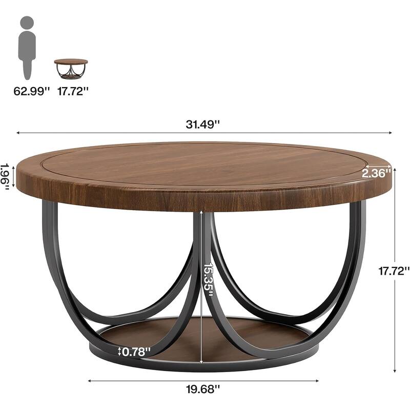 35.4" Round Coffee Table with 2 Tiers, Wooden Circle Accent Cocktail Table with Storage Shelf and Metal Frame