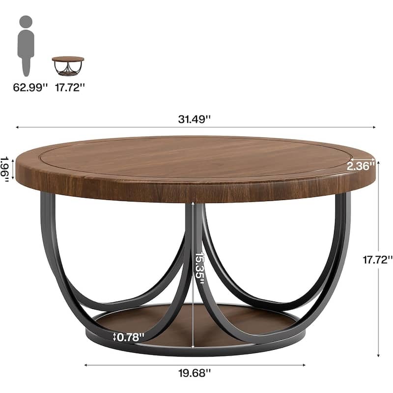 Round Coffee Table with 2 Tiers, 35.4" Wooden Circle Table with Storage Shelf for Living Room, Brown & Black