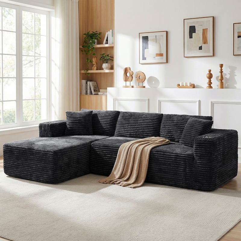 102'' No-Assembly Modular Corduroy Sofa with Cup Holder, Free Combination - Black