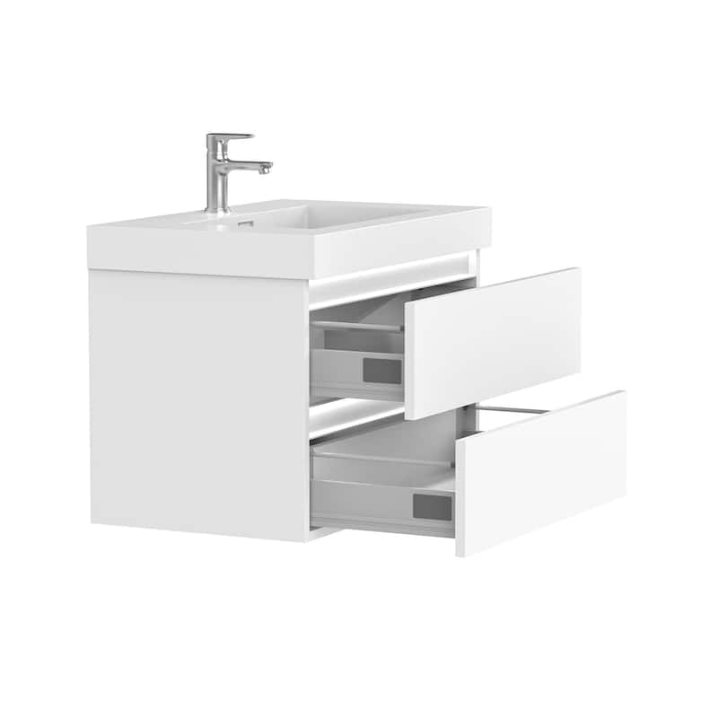 Vanity Art LED Light 24-Inch Single Sink Wall Hung Bathroom Vanity Set White Stone Top Glossy Finish with Sensor Switch