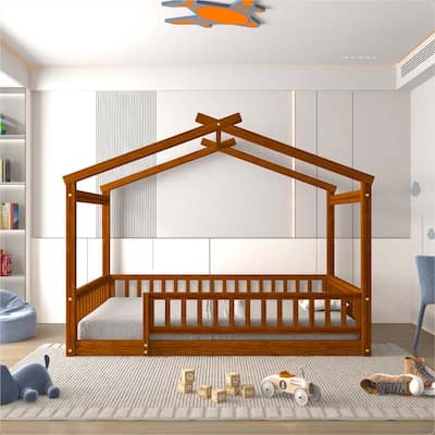 Full Size Wood Bed House Bed Frame with Fence