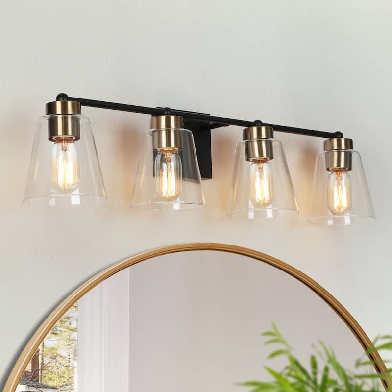 Airielle Black Gold 4-Lights Bathroom Vanity Lights Modern Farmhouse Wall Lamps with Cylinder Glass Shade