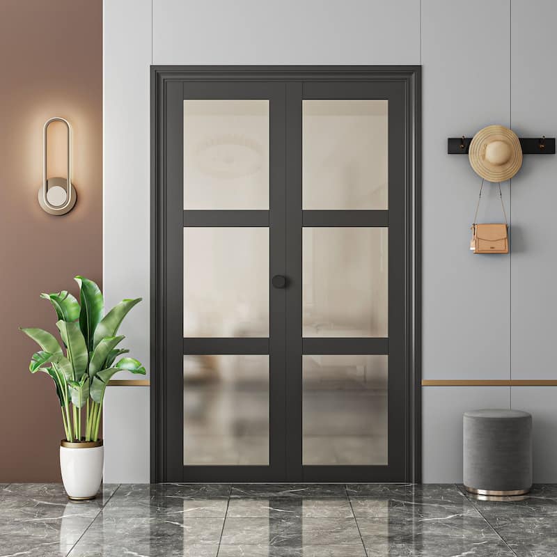 80 in.White Double 3-Lite Bi-Fold Doors Frosted Glass Solid Manufactured With Installation Hardware Kit - 32X80 - Black