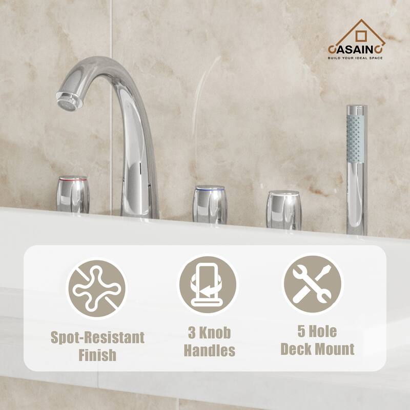 3-Handle Waterfall Roman Tub Faucet Deck-Mount Bathtub Faucet with Hand Shower