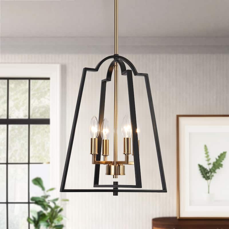 Modern Farmhouse Black Gold 4-Light Lantern Geometric Chandelier Candle Kitchen Island Pendant Light - 14" W x 17.5" H