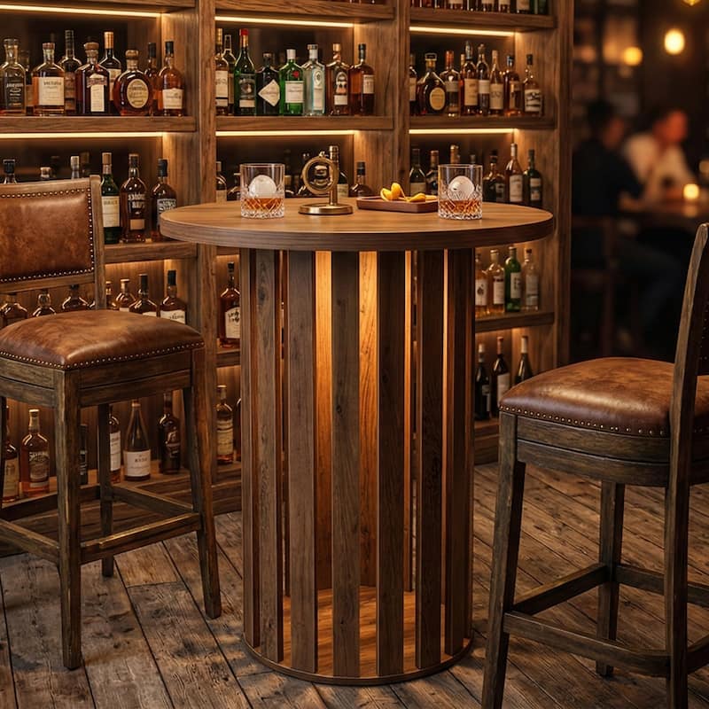 37.4 Inch High Round Bar Table, Bistro Pub Table for Home Bar, Dining Room, Party, Cocktail, Living Room - Rustic Brown