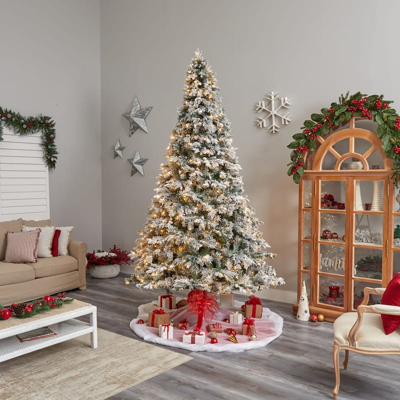 10ft Flocked Christmas Tree with Lights, Realistic Artificial Pine Tree, Holiday Decor, Winter Forest Tree - Green - 120